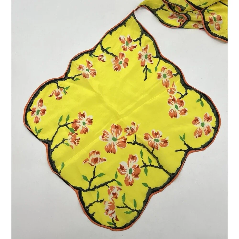 Vintage Asian Floral Silk Hanky Scarf Scalloped Edges Yellow Double Hankie *READ